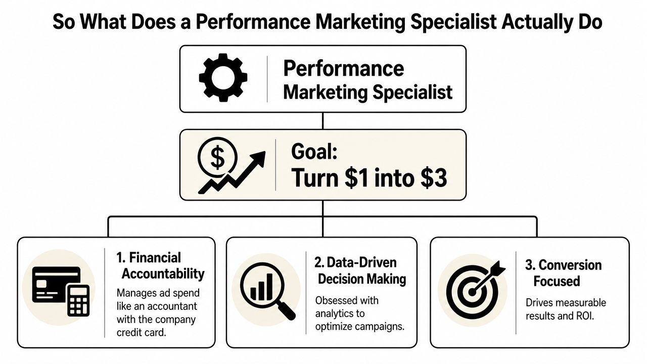 An infographic illustrating the core responsibilities and financial goals of a performance marketing specialist.