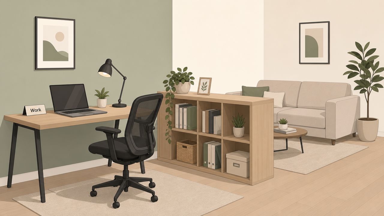 A modern home office setup with a desk and couch separated by a wooden bookshelf divider.