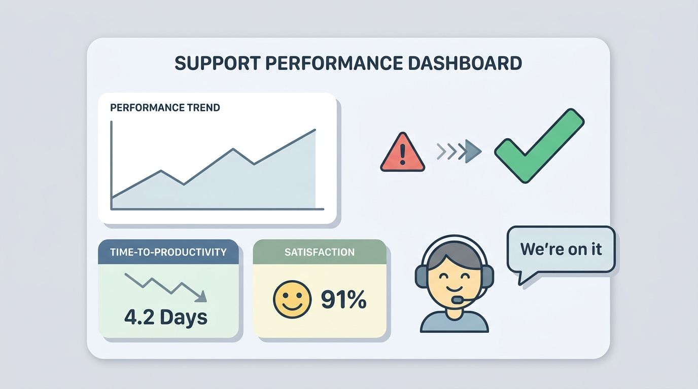 A support performance dashboard showing a trend line, time-to-productivity, customer satisfaction score, and a support agent.
