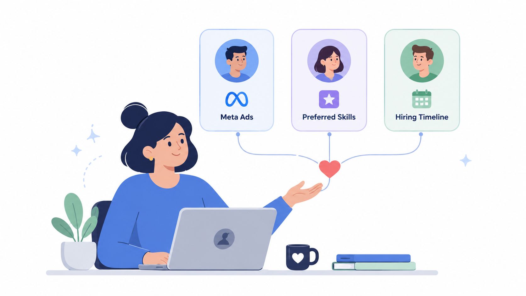 A woman working on a laptop with visual icons representing recruitment processes like meta ads and skills.