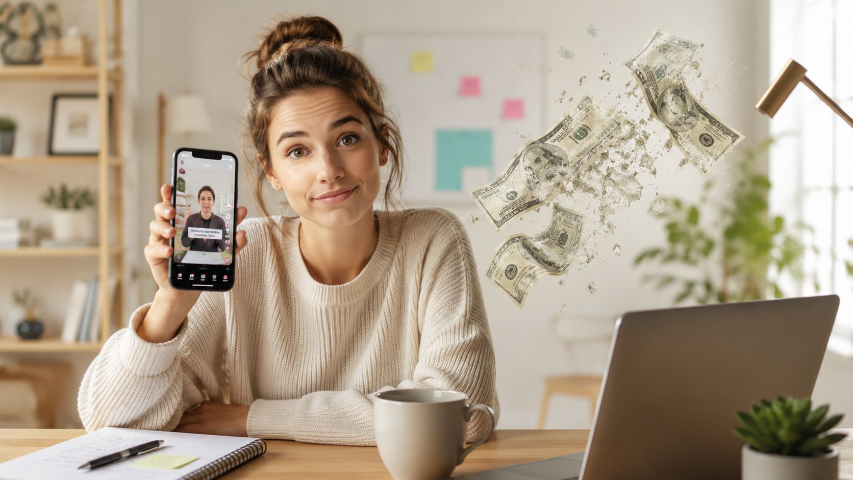A woman holding a smartphone showing a UGC-style video advertisement with floating cash icons nearby.