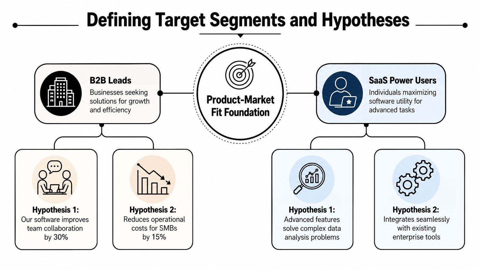 A diagram illustrating the process of defining target market segments and hypotheses for product-market fit.