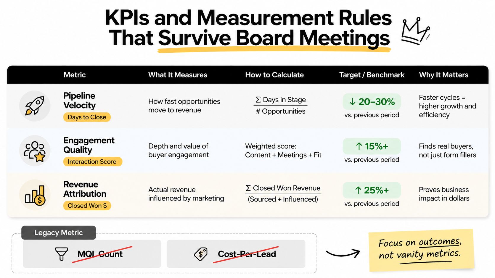 A table comparing B2B marketing KPIs, showing modern metrics like pipeline velocity and revenue attribution over legacy metrics.