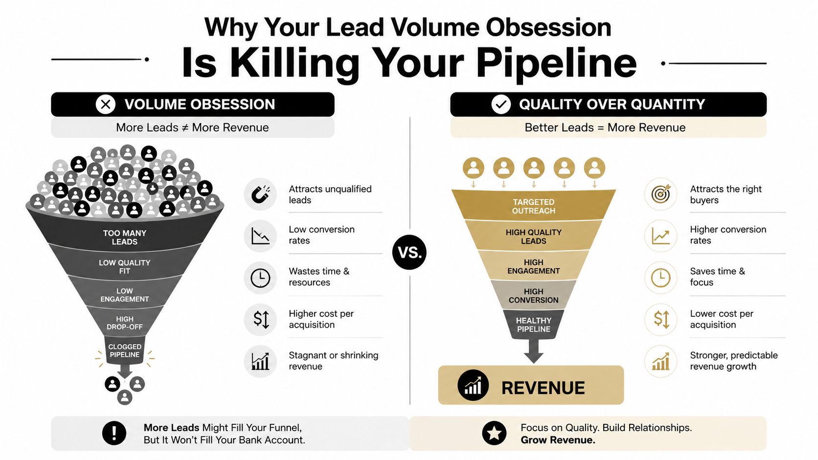 A comparison infographic showing how quality leads lead to more revenue than just increasing lead volume.