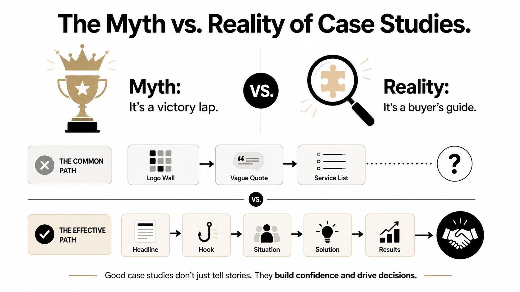 A diagram comparing the ineffective common path versus the effective path for creating persuasive business case studies.