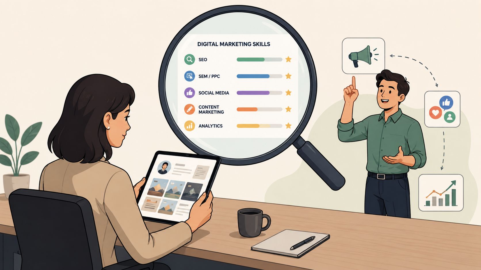 A professional woman reviews digital marketing skills on a tablet while a candidate presents his qualifications.