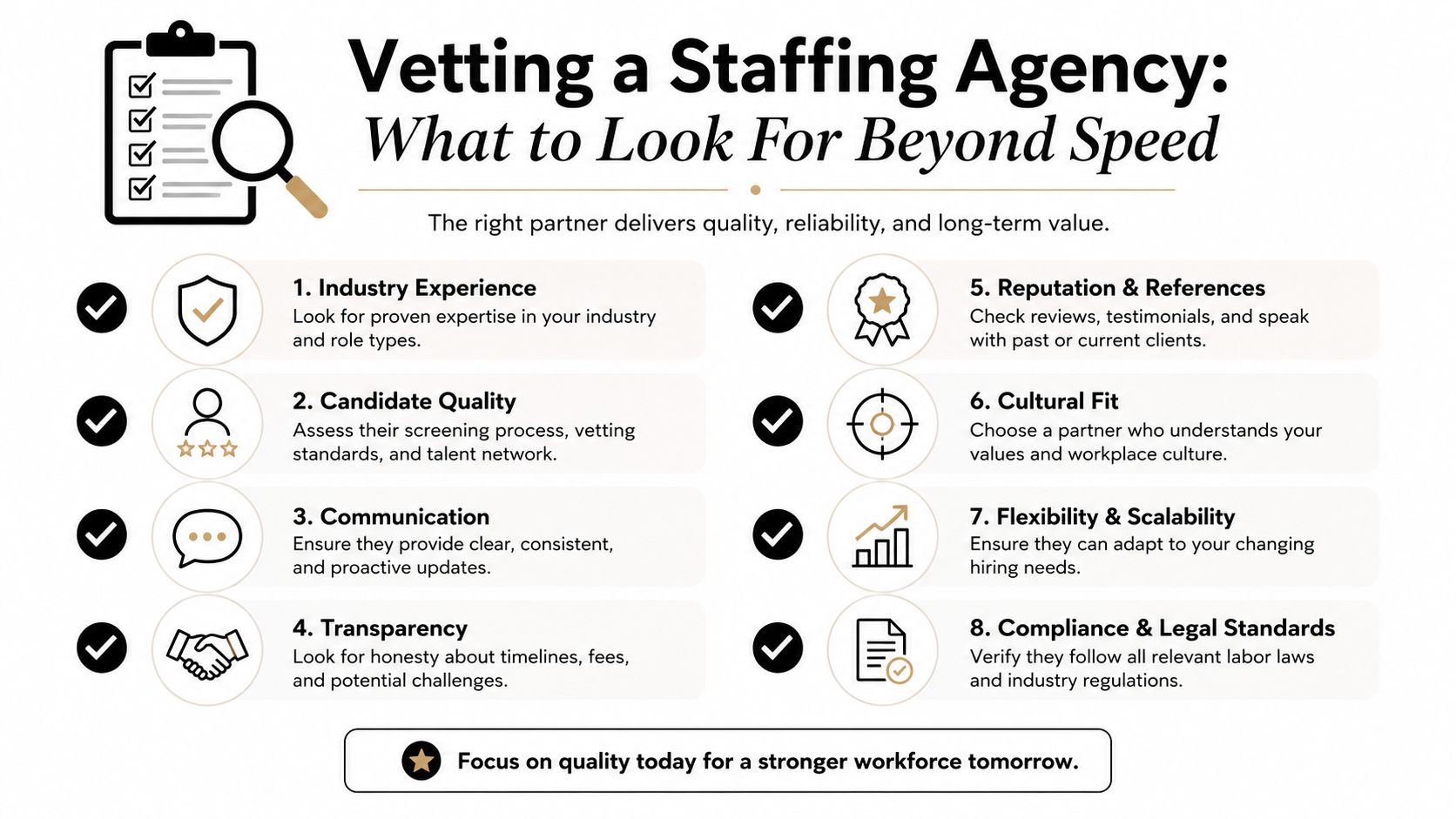 An infographic detailing eight essential criteria for businesses to consider when evaluating and vetting staffing agencies.