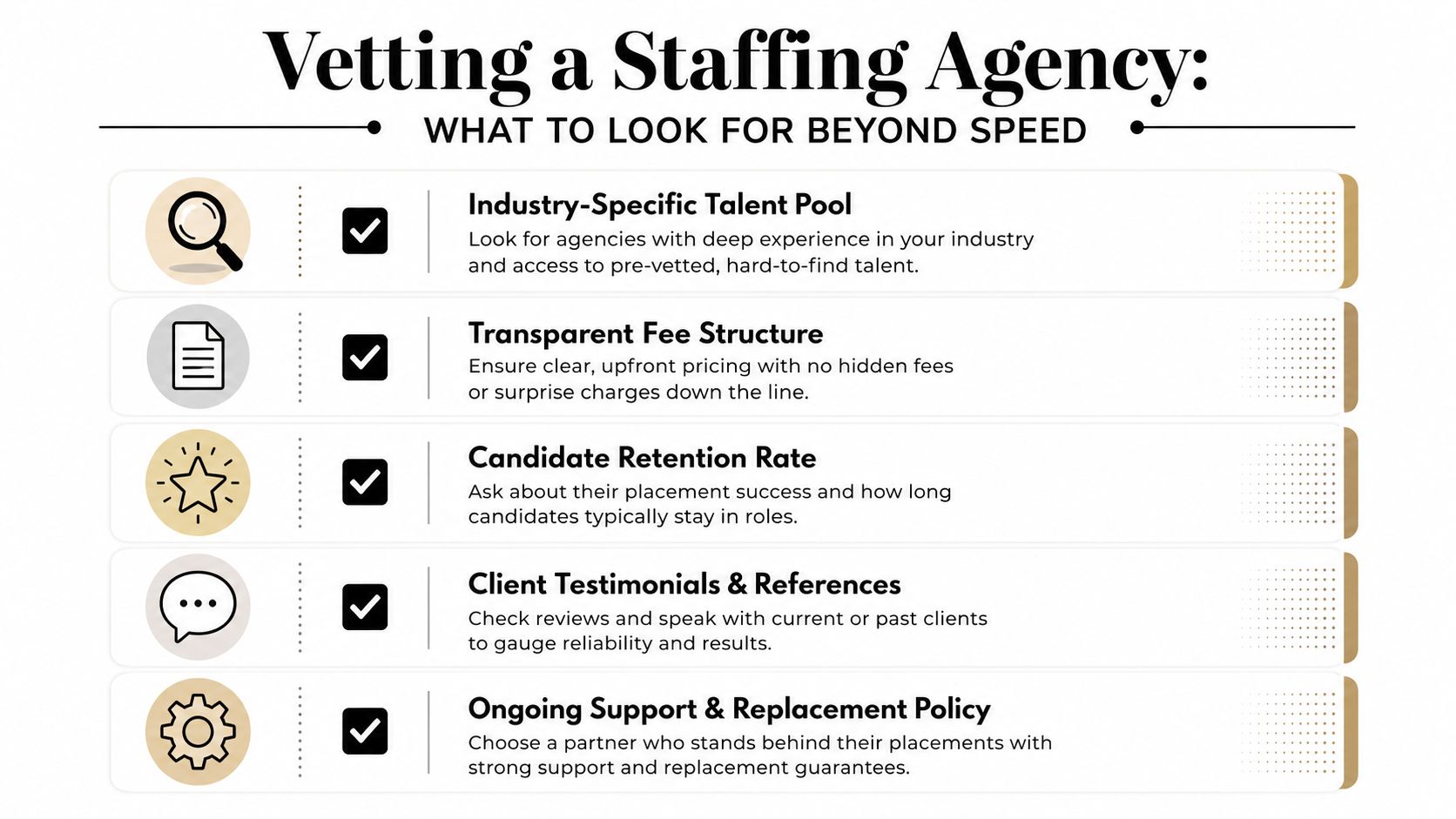A checklist infographic illustrating key factors for evaluating a staffing agency beyond just speed of hiring.