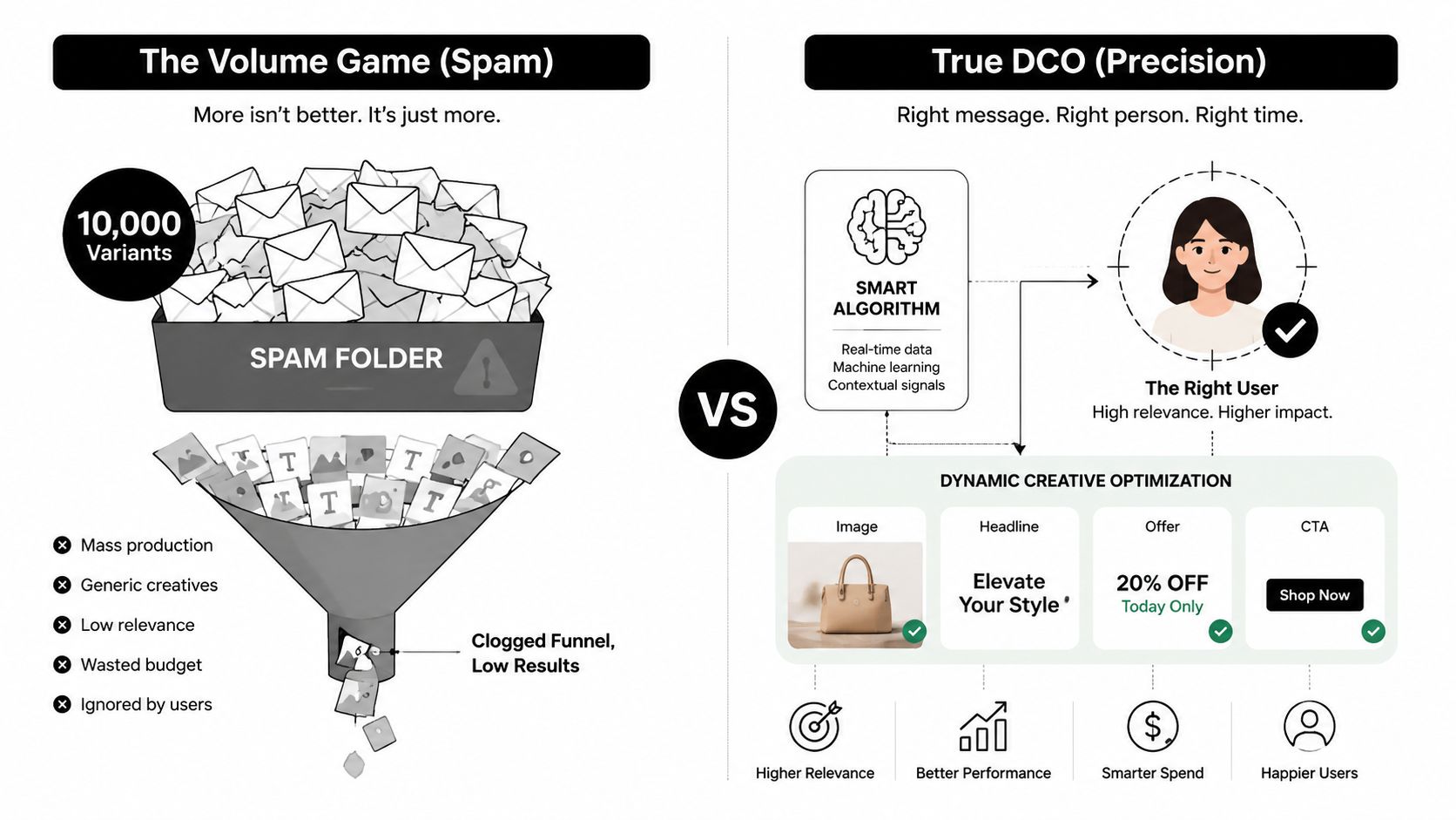 A comparative infographic showing the difference between inefficient mass marketing spam and targeted dynamic creative optimization advertising.