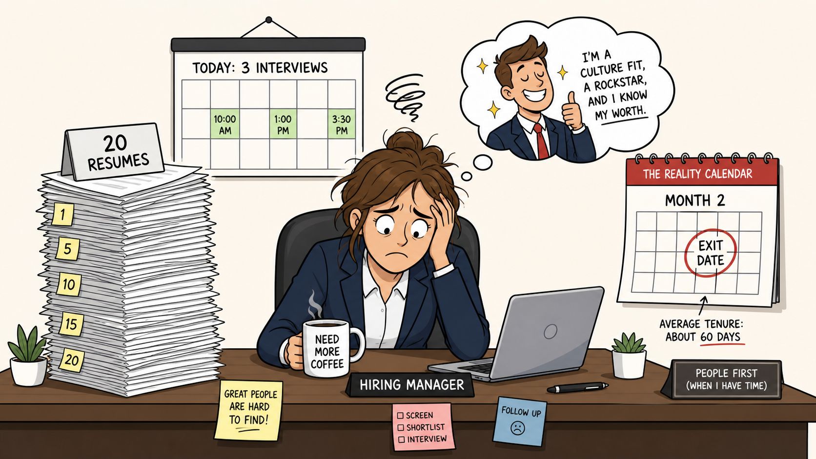 A stressed hiring manager overwhelmed by resumes while imagining a new employee's early departure from the company.