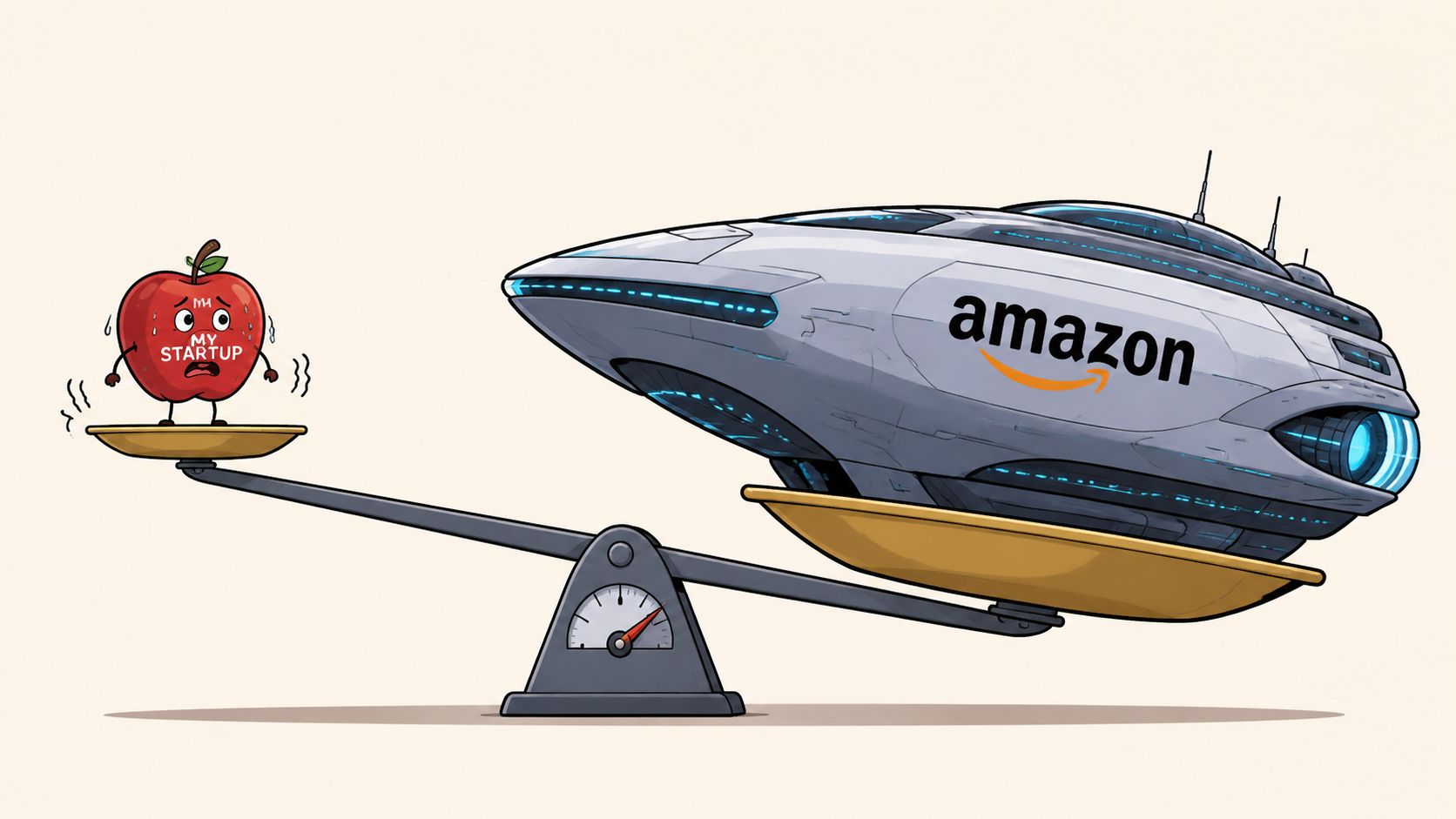 A cartoon illustration showing an apple representing a small startup being heavily outweighed by a massive Amazon spaceship.