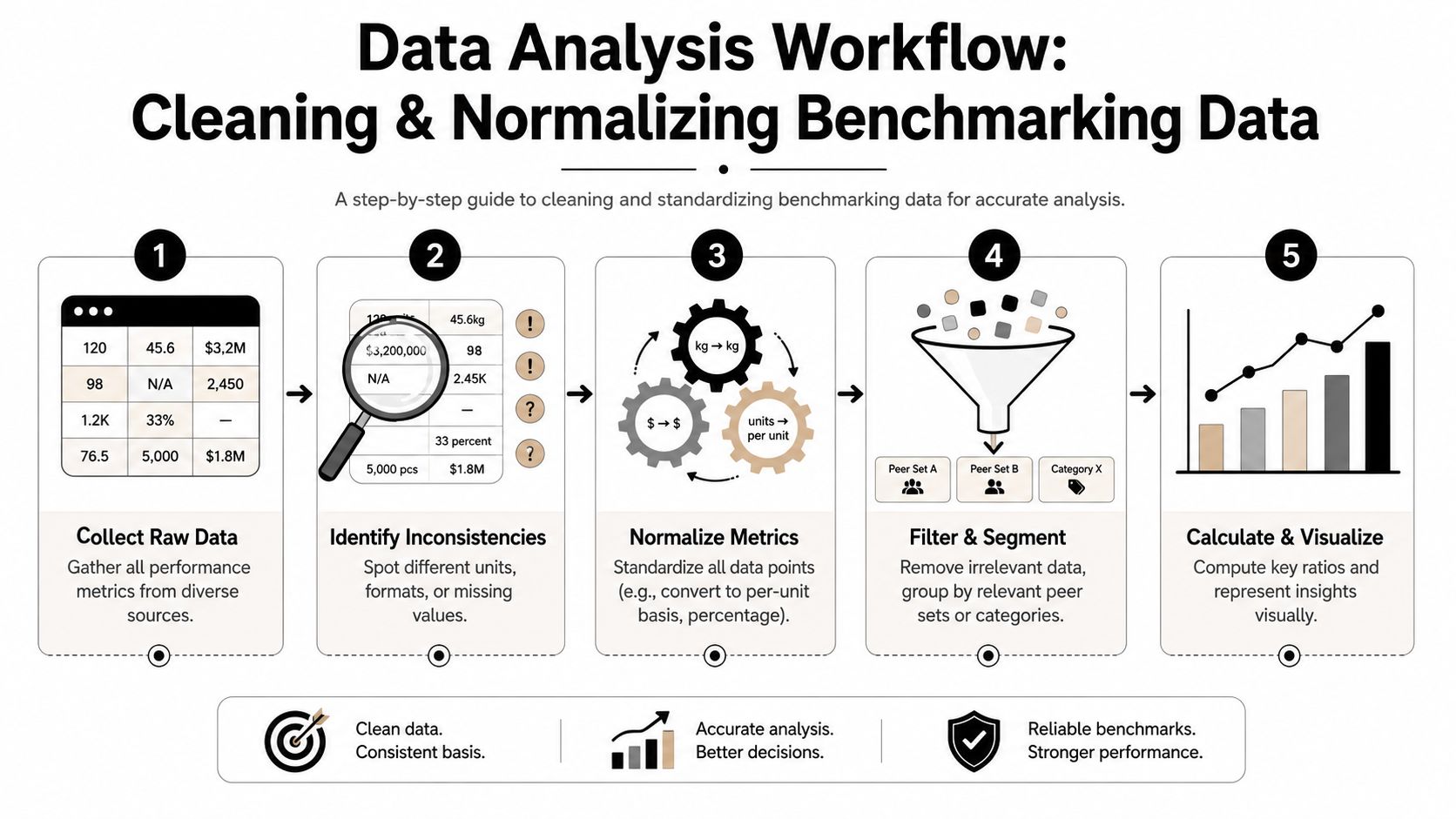 A five-step infographic showing the workflow for cleaning and normalizing benchmarking data for accurate business analysis.