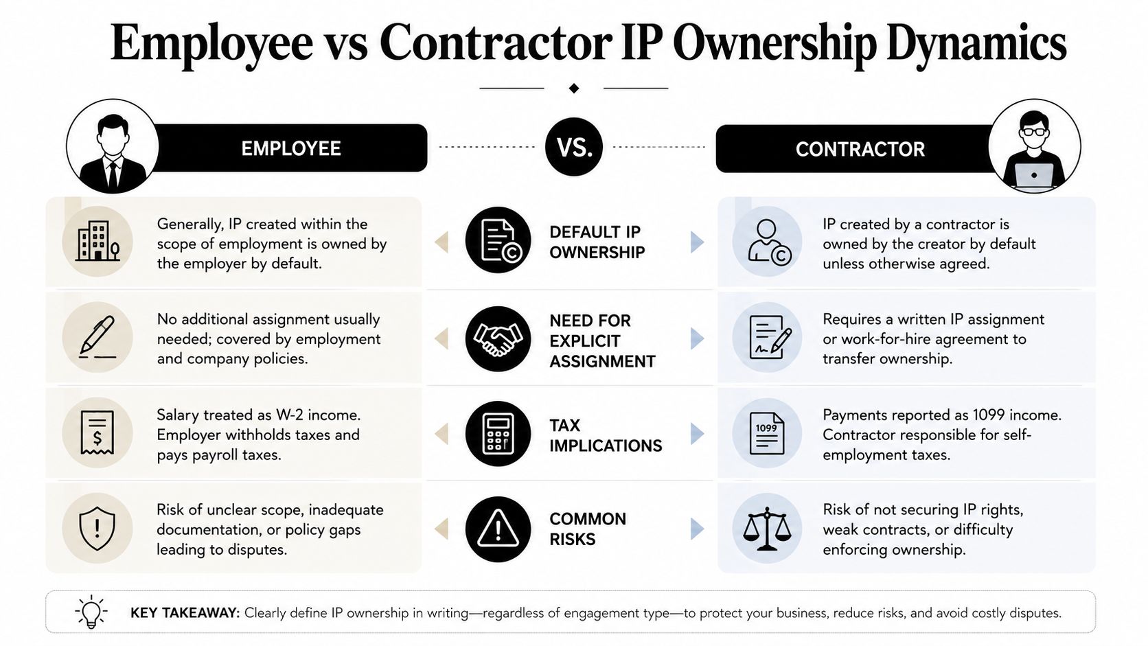 A comparison chart outlining differences in intellectual property ownership between company employees and independent contractors.