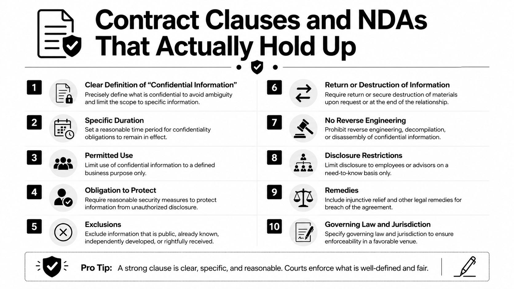 An infographic listing ten essential contract clauses and legal tips for creating effective non-disclosure agreements.