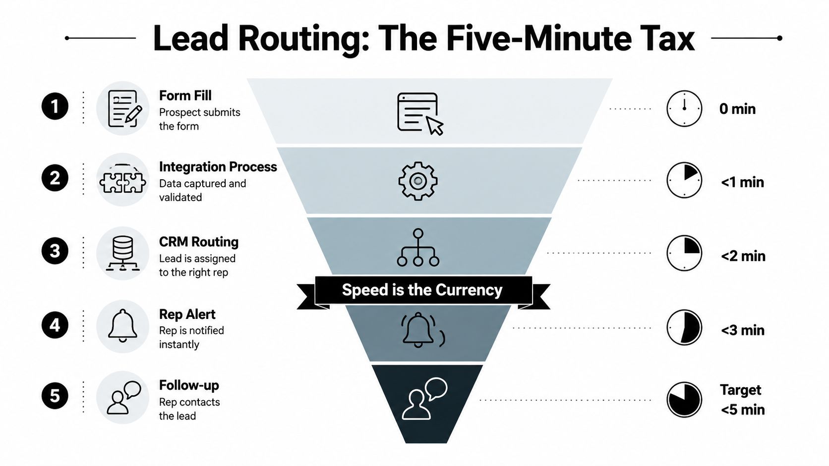 A marketing funnel infographic illustrating the five-minute lead routing process from form submission to lead follow-up.