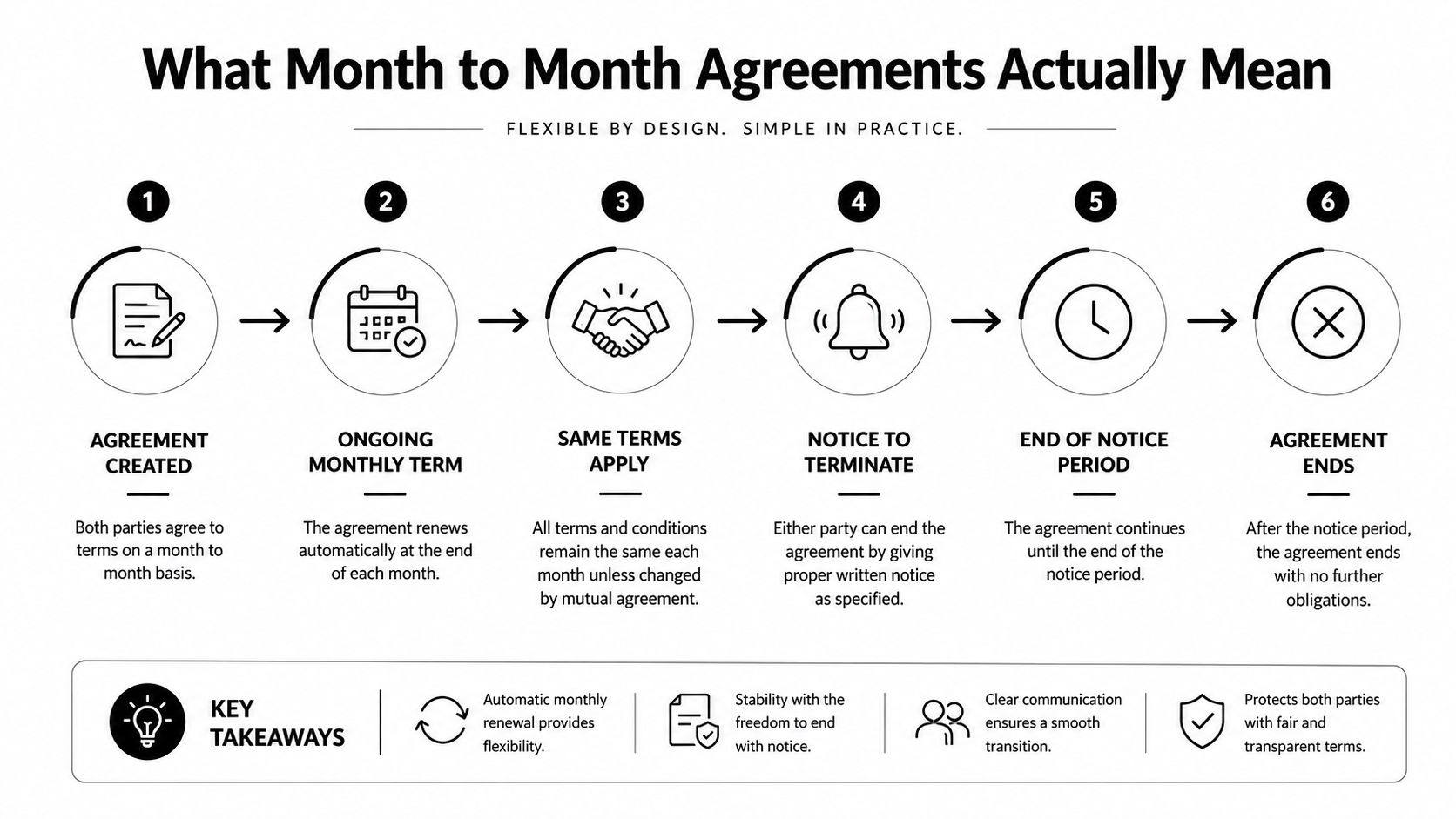 A six-step infographic explaining how month to month agreements work with key takeaways at the bottom.