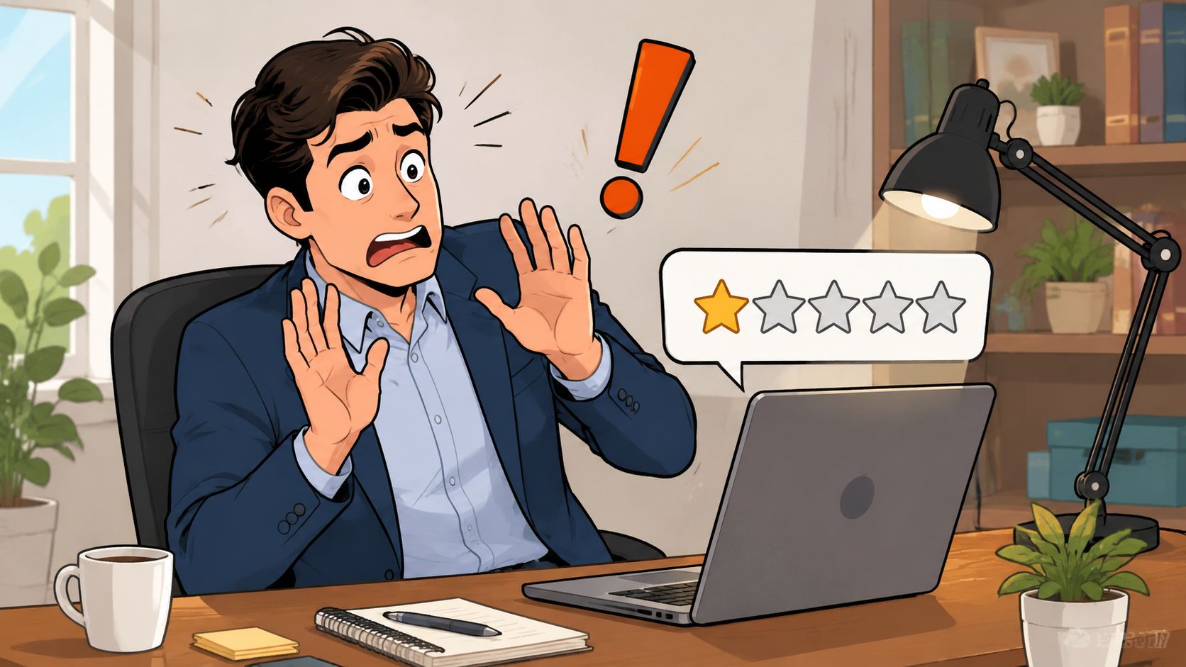 A shocked businessman reacting to a one-star review notification displayed on his laptop computer at his desk.