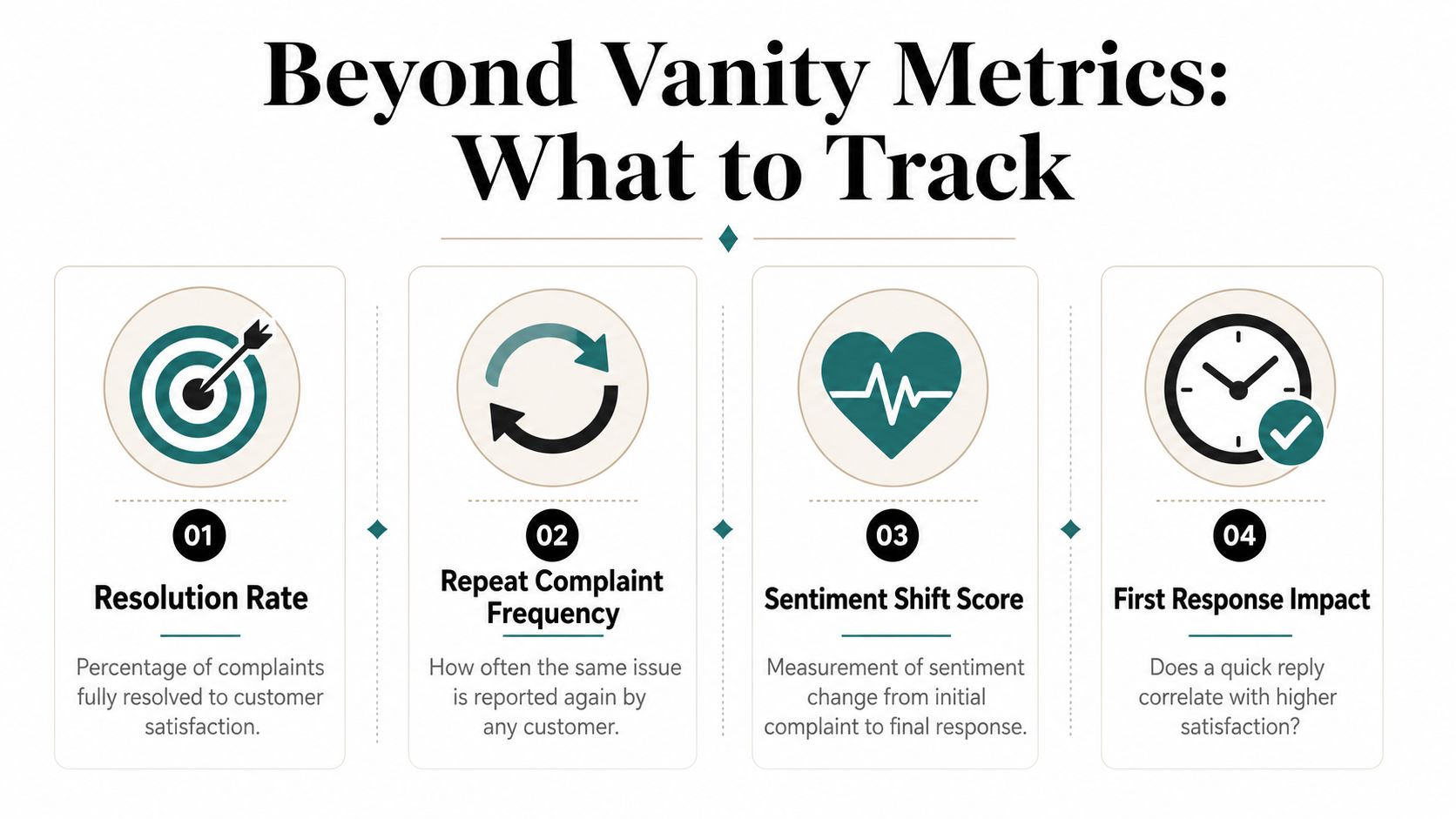 An infographic titled Beyond Vanity Metrics showing four key customer support metrics to track for better performance.