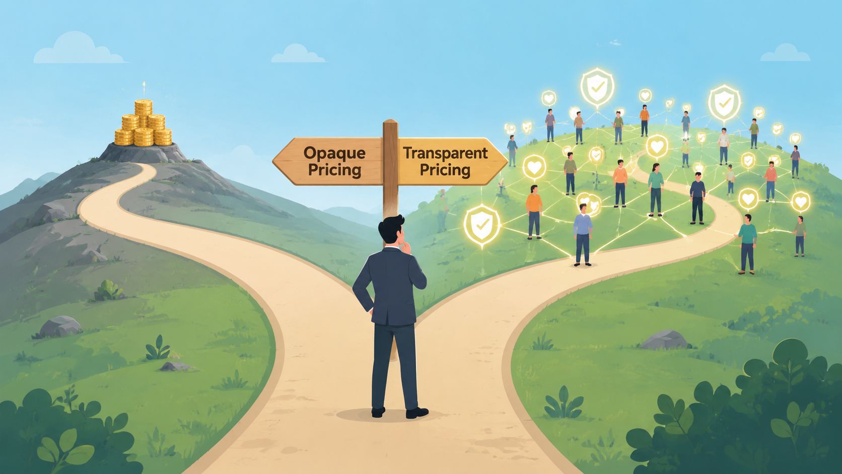 A businessman standing at a fork in the road choosing between opaque and transparent pricing models.