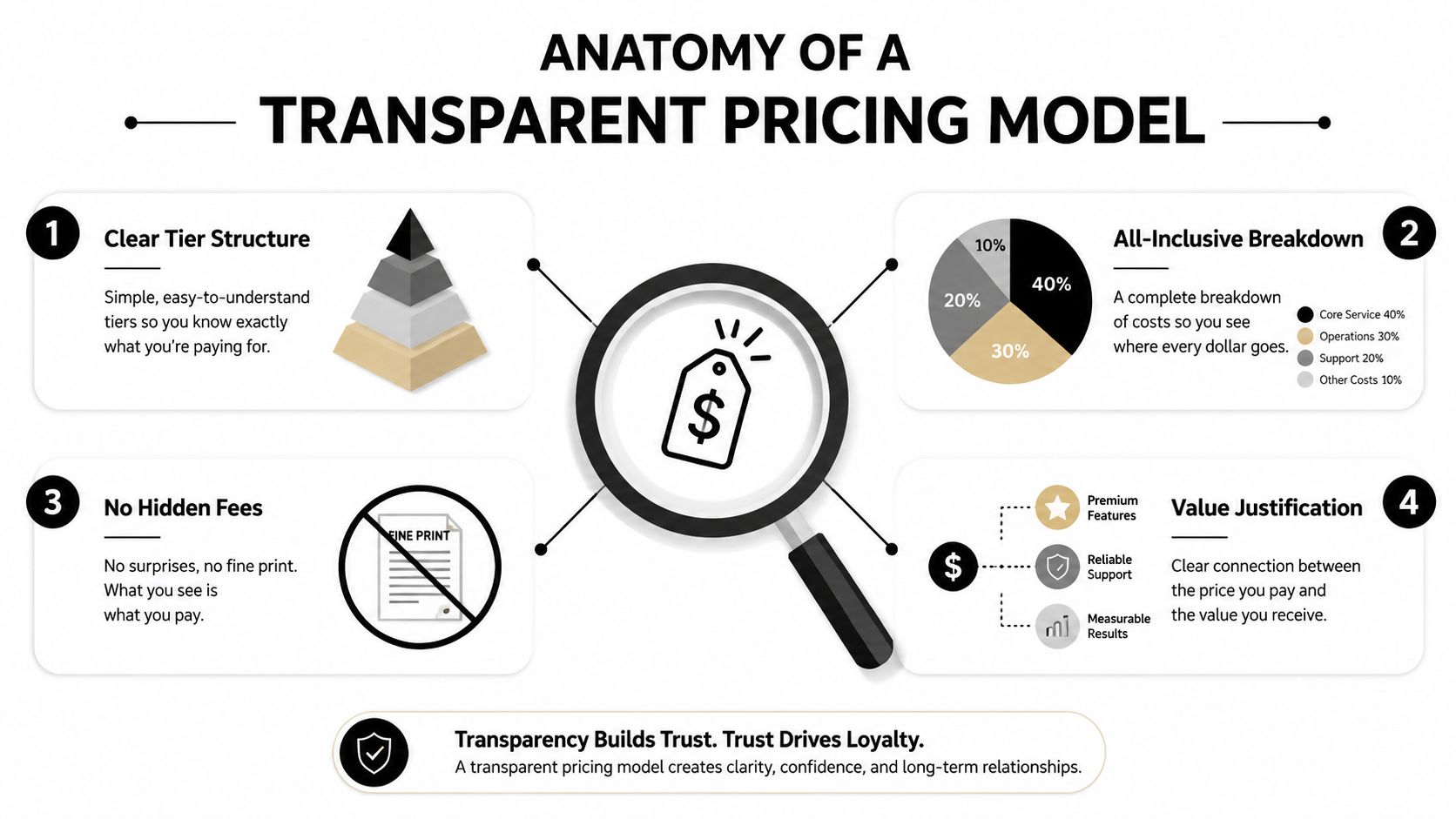 An infographic titled Anatomy of a Transparent Pricing Model illustrating four key components of clear business pricing.