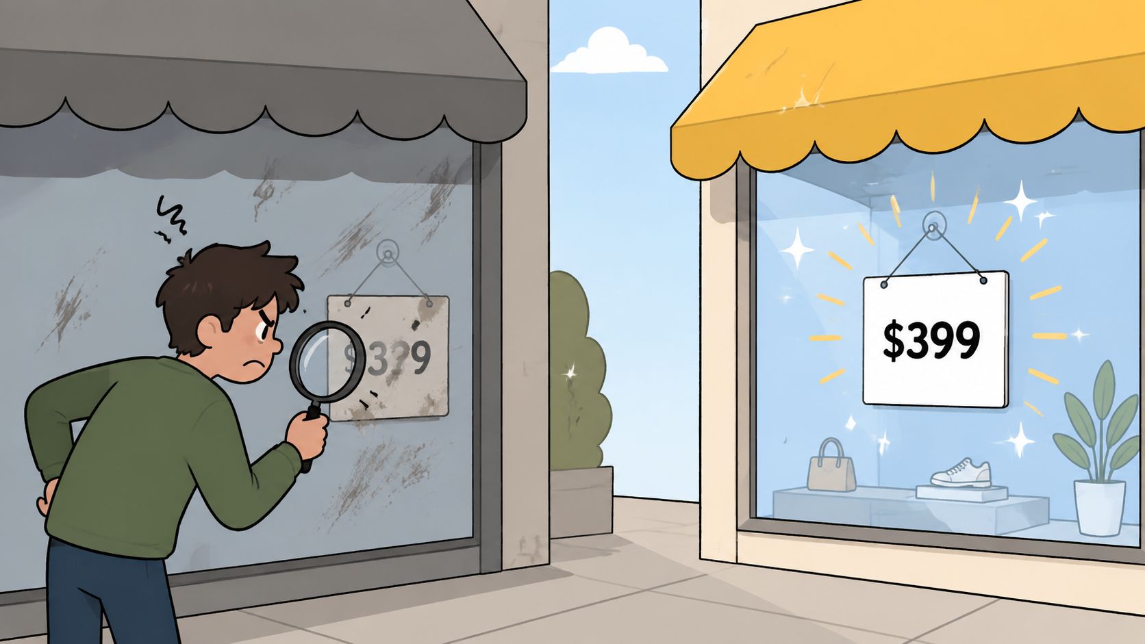 A person using a magnifying glass to look at a hidden price tag behind a dirty window.