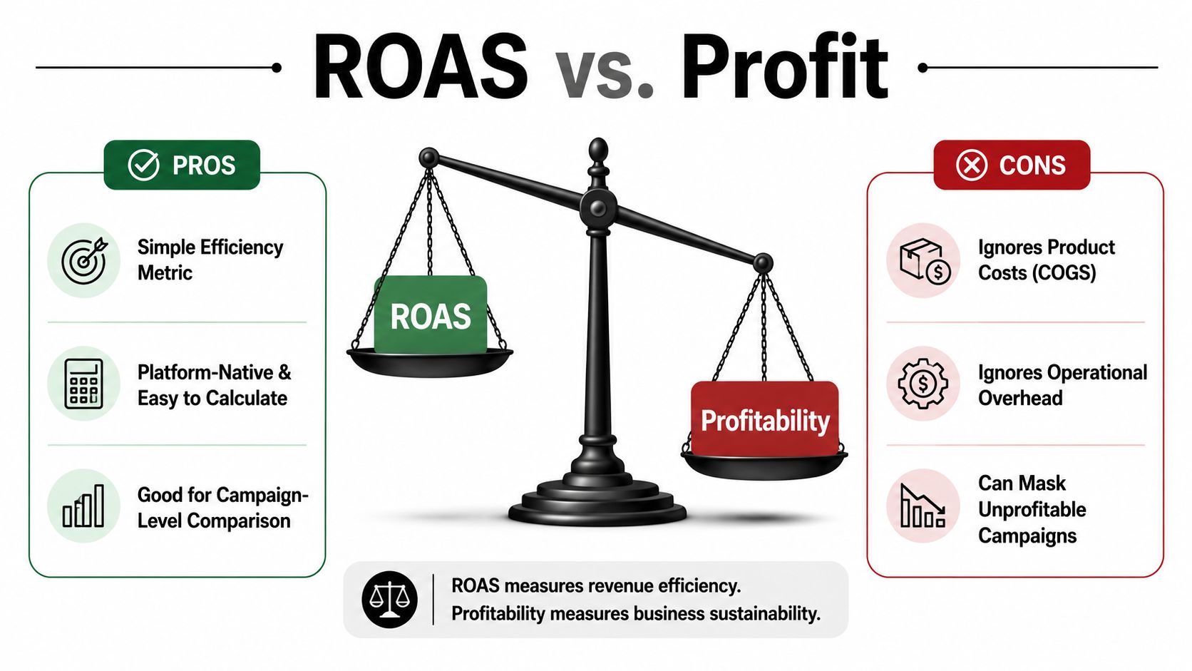 A comparison chart showing the pros and cons of ROAS versus profitability for business advertising evaluation.