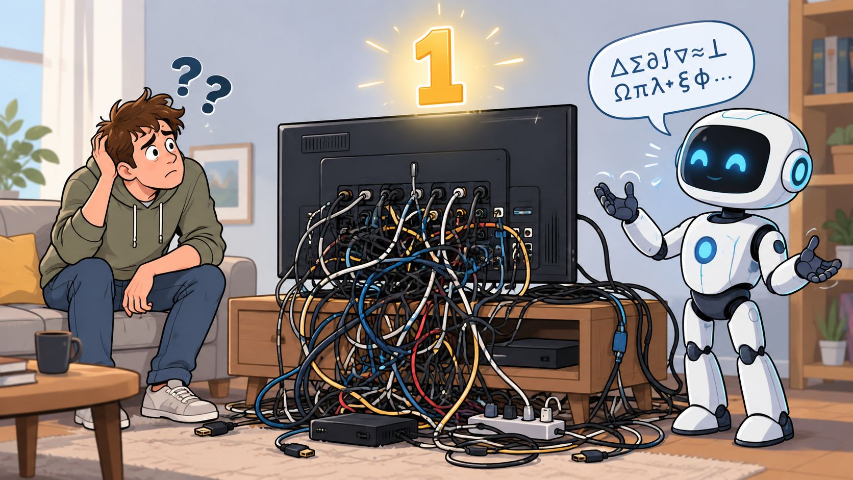 A confused man sitting on a couch looking at a television tangled with a massive mess of cables.