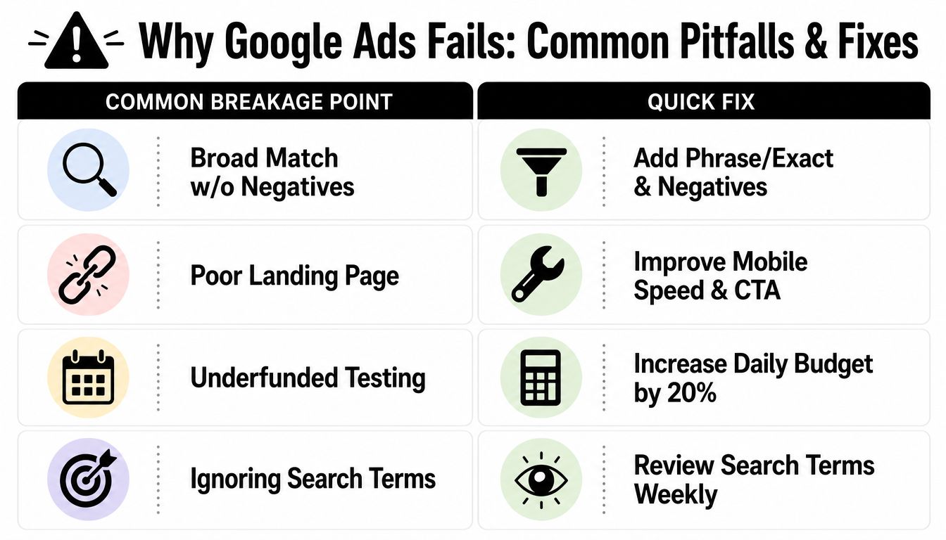 A table outlining four common Google Ads failures and their corresponding quick fix solutions for better results.