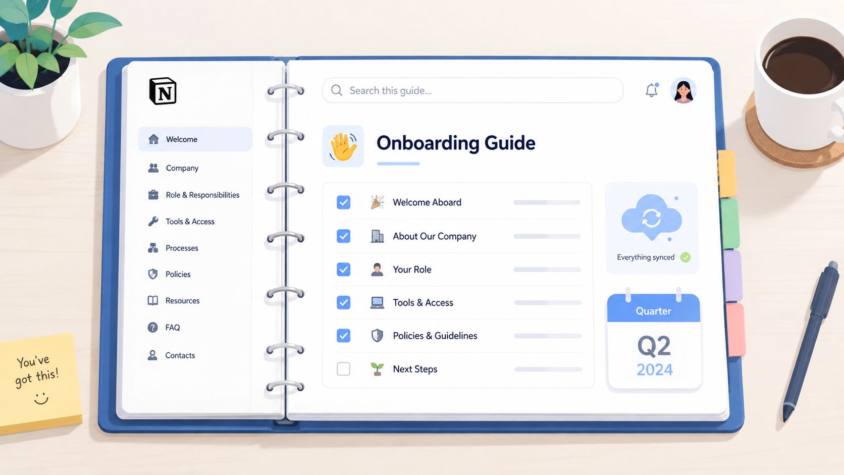 A digital onboarding guide planner open on a desk next to a coffee cup and plant.