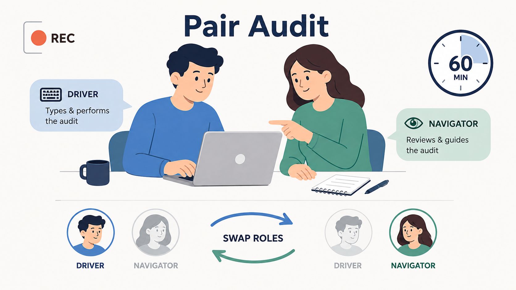 A professional illustration showing two people performing a pair audit with defined driver and navigator roles.