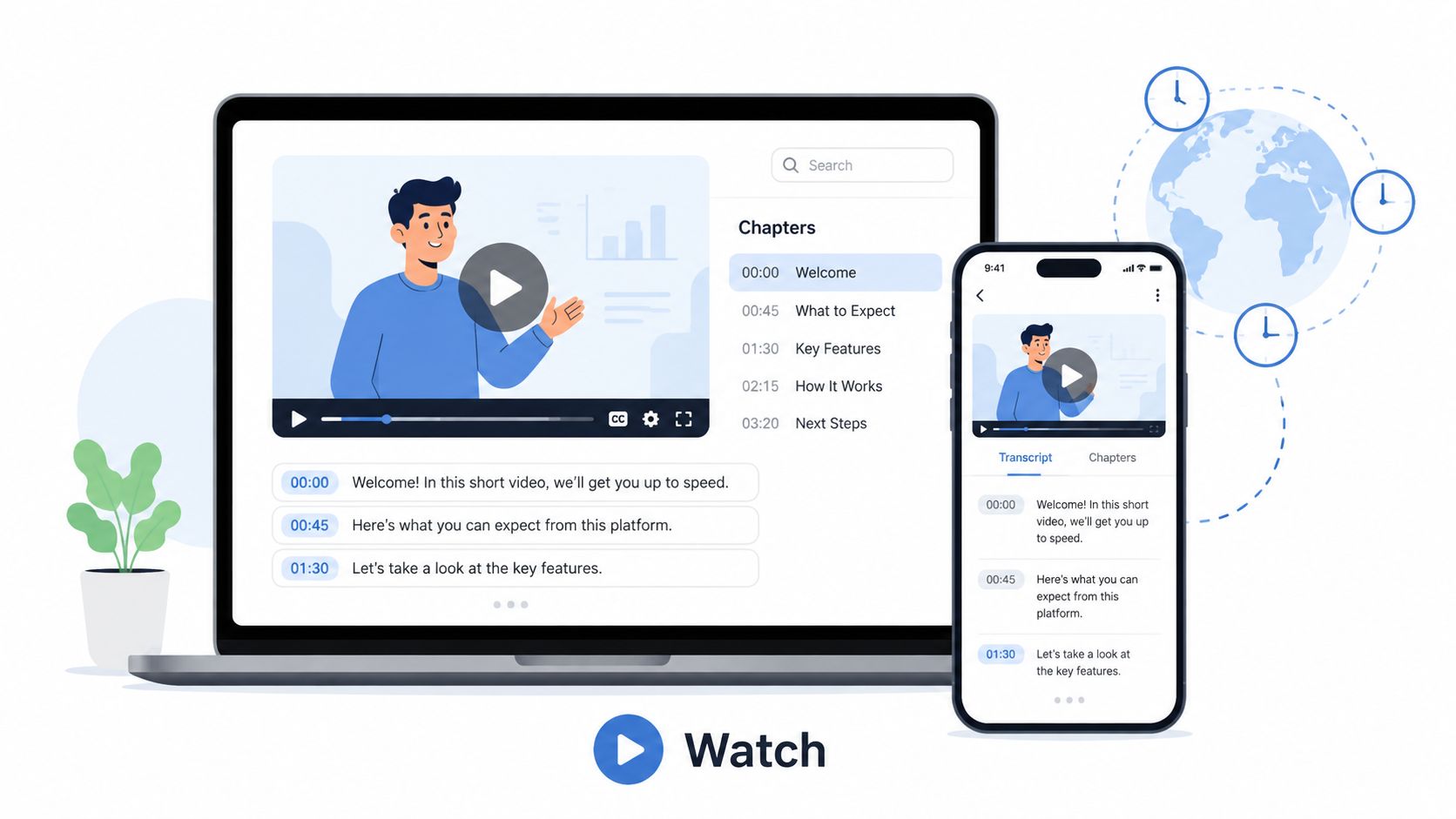 Laptop and smartphone displaying video content with synchronized transcripts and chapters for online knowledge transfer.