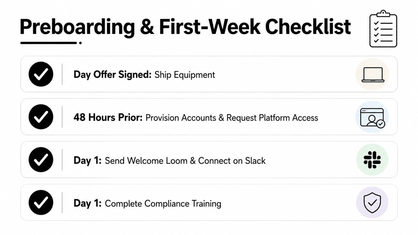 A checklist infographic titled Preboarding and First-Week Checklist outlining essential tasks for onboarding new employees successfully.