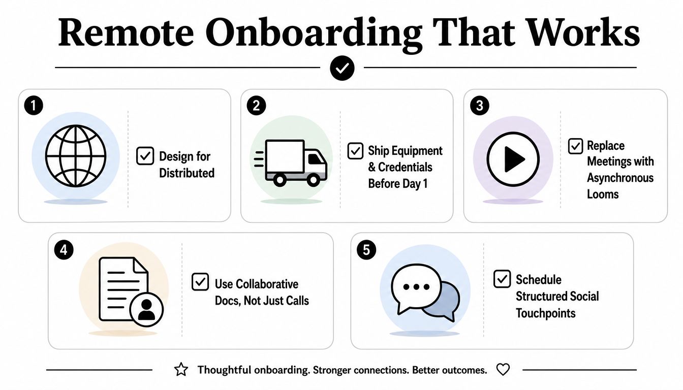 A diagram outlining five key steps for effective remote onboarding of new employees in a professional setting.
