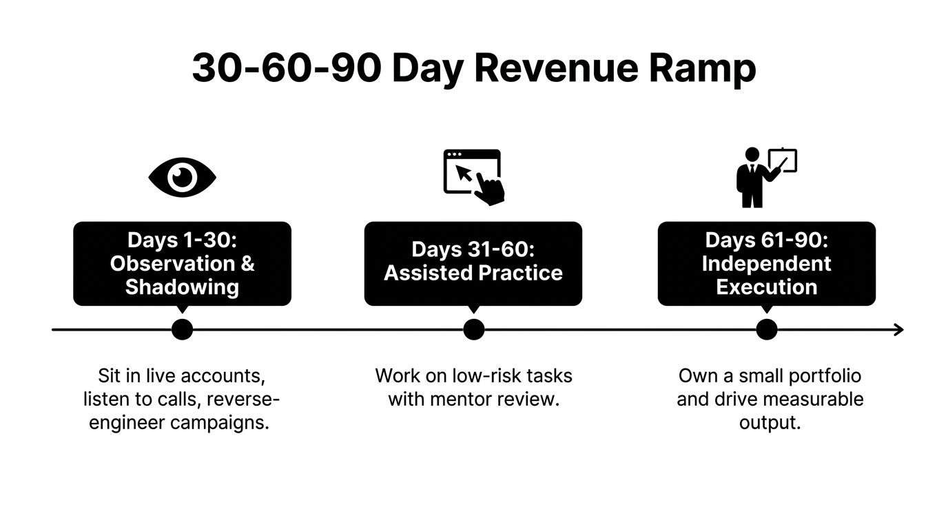 A timeline graphic showing a three-stage training plan for new hires including observation, practice, and independent execution.