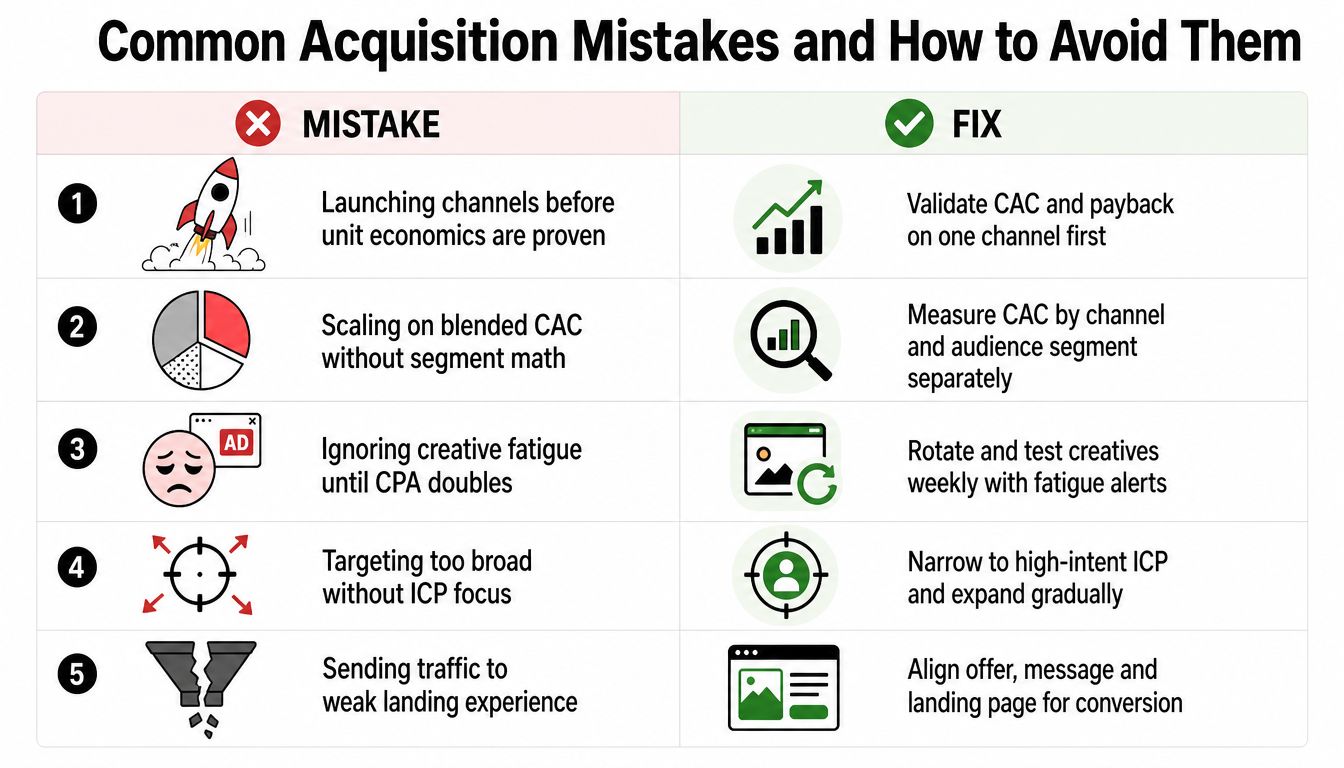 A table comparing five common acquisition mistakes with their respective strategic fixes for marketing campaigns.