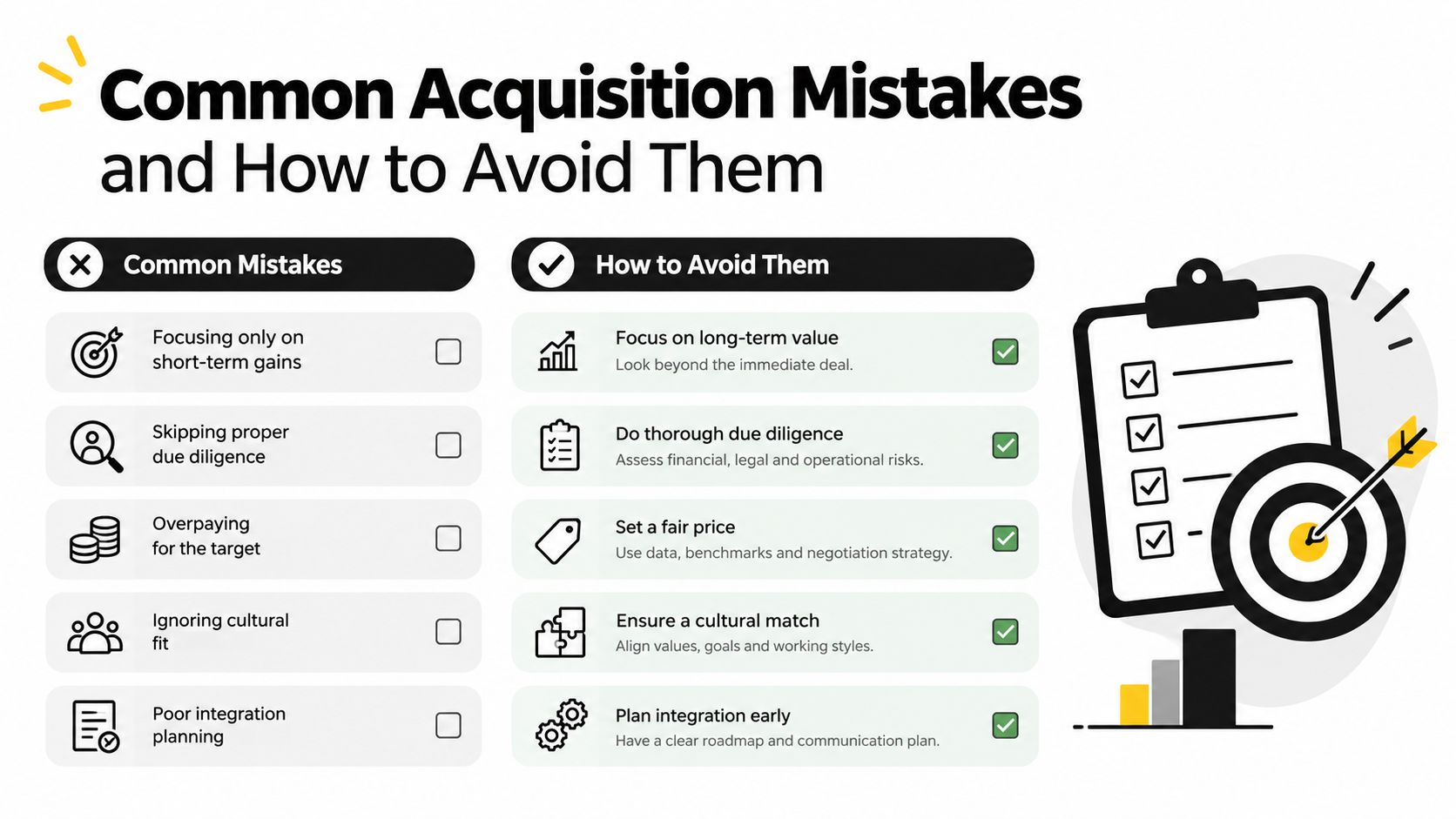 An infographic titled Common Acquisition Mistakes and How to Avoid Them, contrasting key errors with best practices.